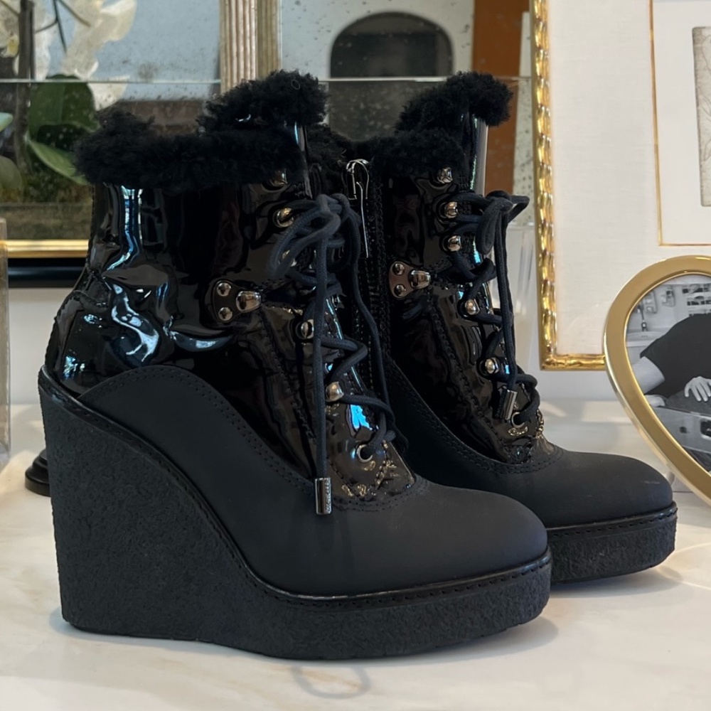 Moncler Shearling Black Wedge Ankle Boots - Like New